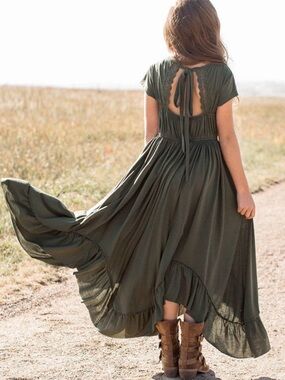 Olive Green Girls' Maxi Dress with Tie-Back Detail